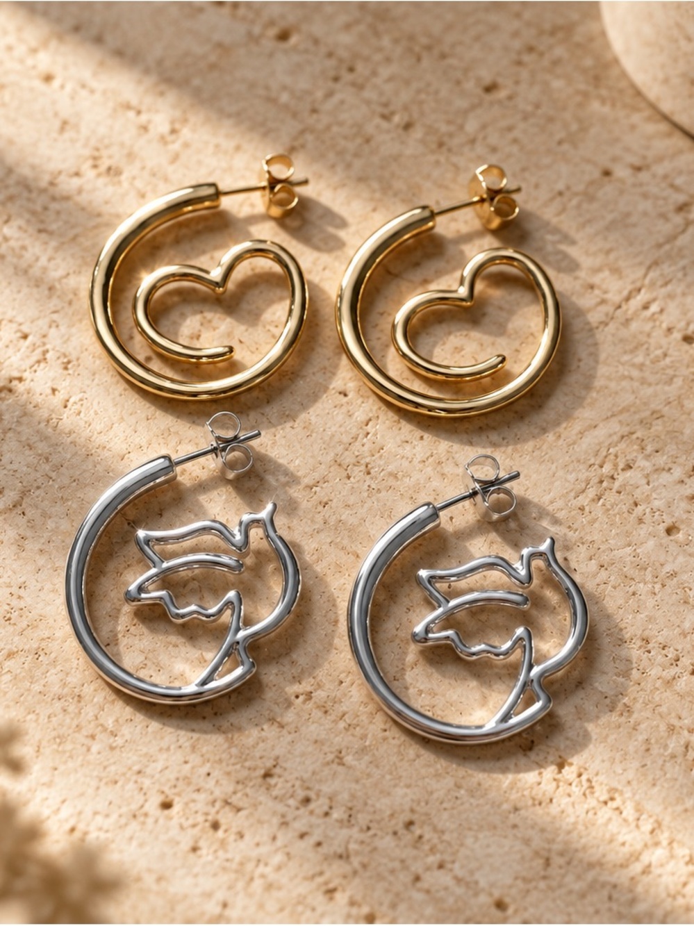 Avon Gold Heart Hoop and Silver Dove Hoop Earrings